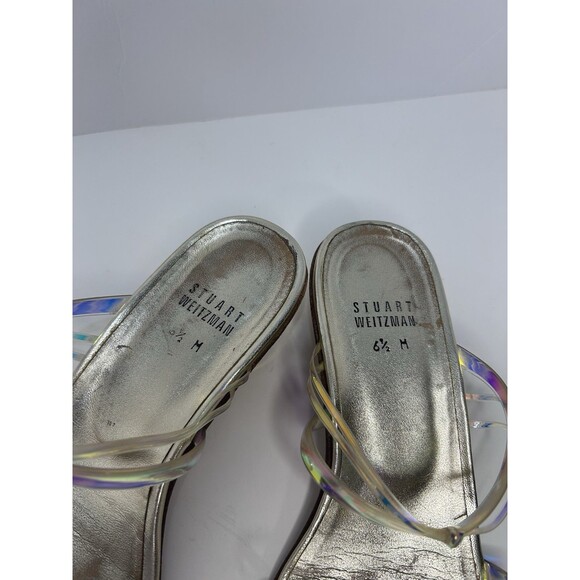 Stuart Weitzman Women’s 6 1/2 Gold Colored Hologram Sandals Gold Strap Heel - Picture 5 of 8